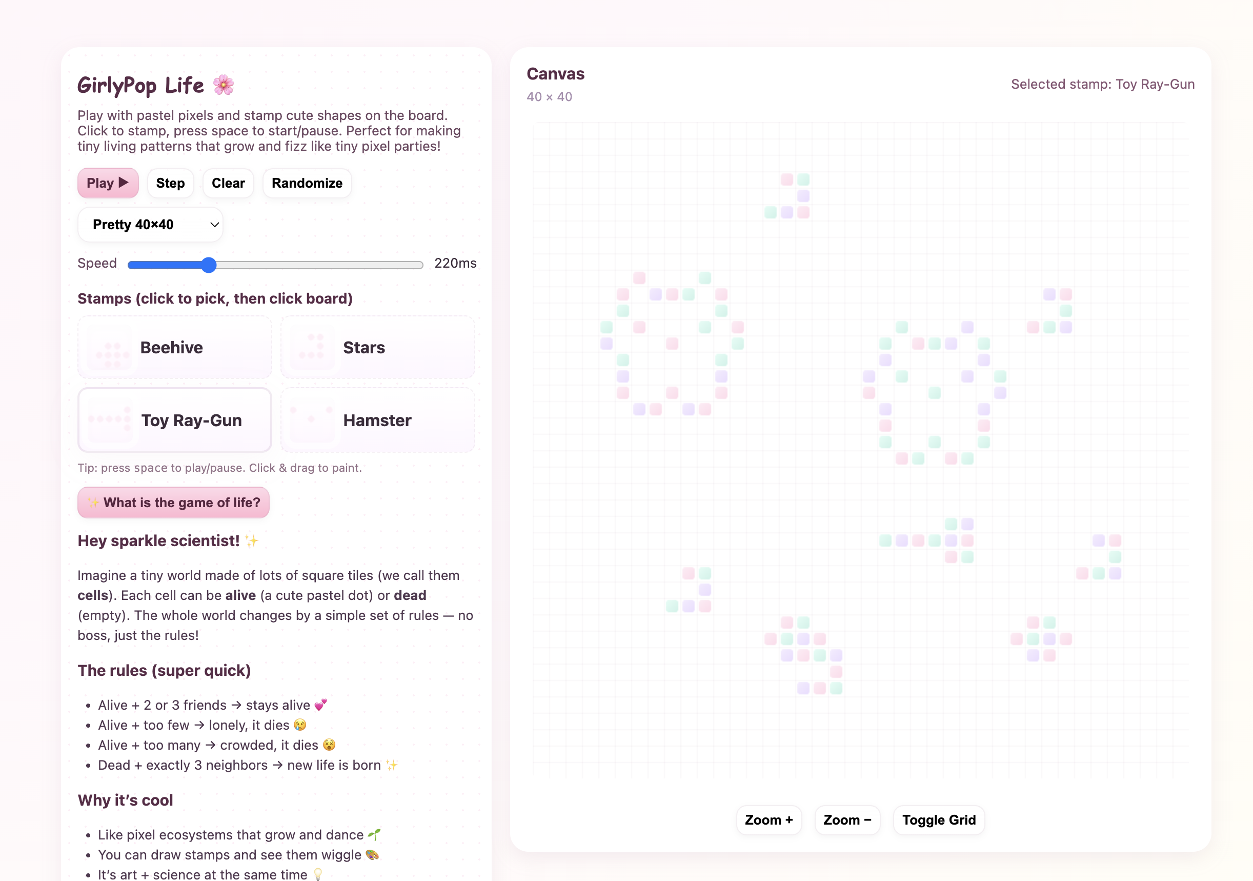 Screenshot Game of Girls on the right is a big canvas of dots. On the left is play button, step button, clear button and speed slider. There are stamp buttons of patterns. and explanation of the rules of conwats game of life.