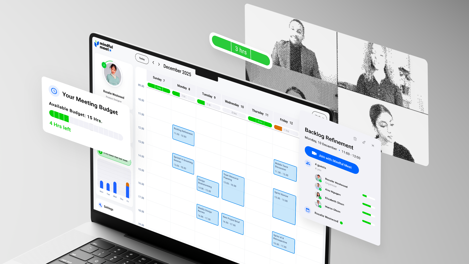 Image showing Mindful Meet UI: calender, video call dither call and highlighting components of daily budgets and coworker budgets when inviting them to a meeting.