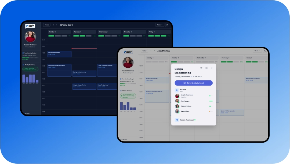Two screen of the calender of Mindful Meet, dark en regular mode, showing your daily budget and showing coworkers budget when inviting them to a meeting.