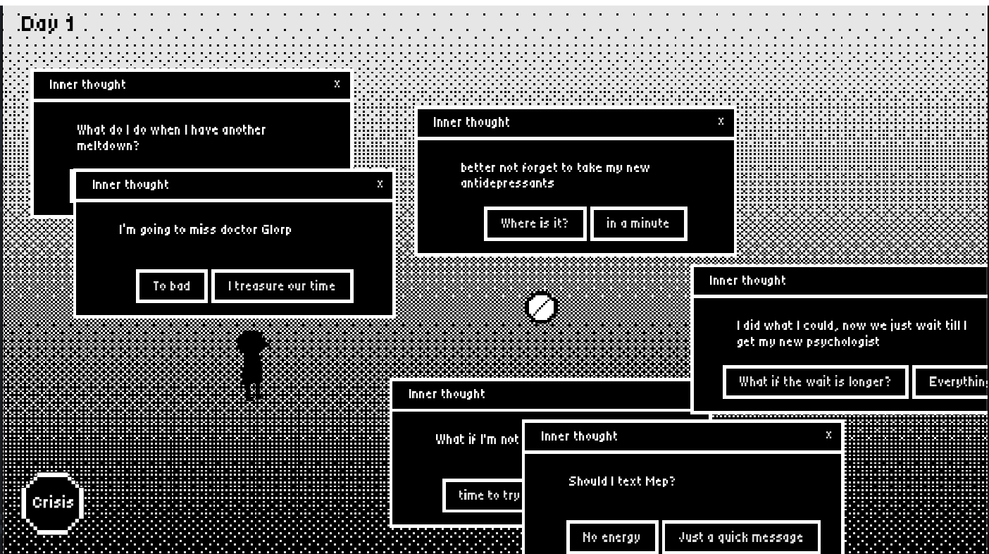 Video game screen showing low pixelated black and white popups with a tiny figure and pill.